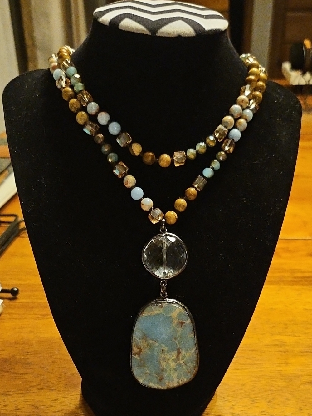 Beautiful Jasper and Beaded Crystal Squares Long Stand Pendant Necklace.